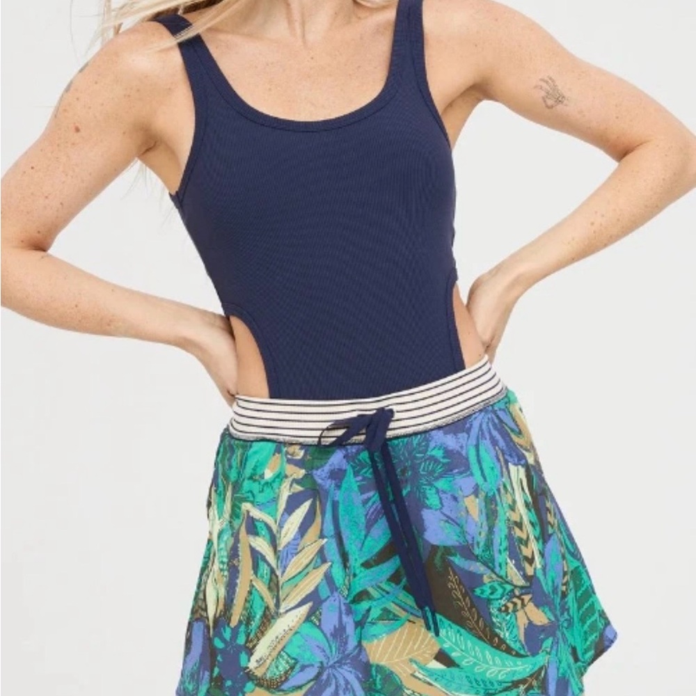 S, NWT Navy Ribbed Tennis Romper with Tropical Print Skirt by Aerie